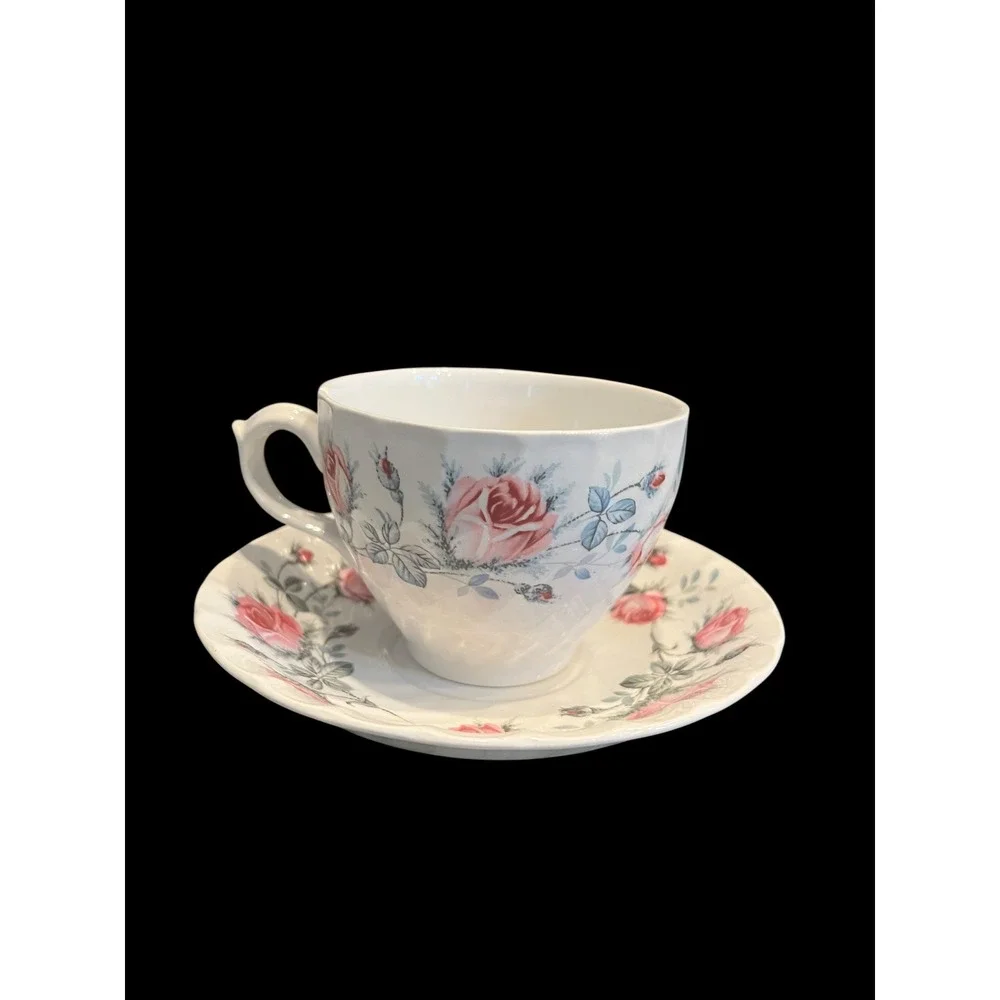 Burleigh Ware Pink Rose Ironstone Teacup and Saucer Burgess & Leigh England